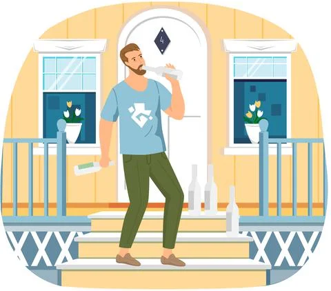 Dependent guy drinking alcohol alone on doorstep of his house. Unhealthy Illustrazione stock