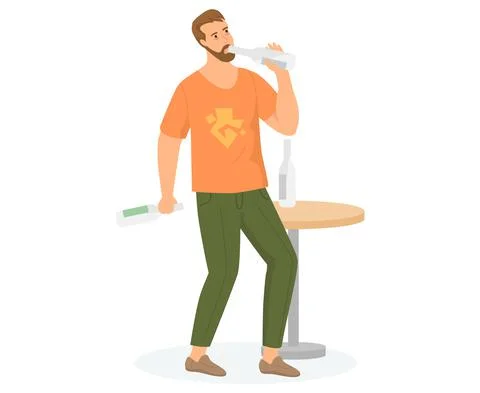 Dependent guy drinks alcohol alone. Loneliness addicted male depressed with Stock Illustration