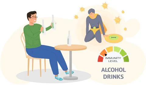 Dependent guy holding bottles drinks alcohol alone. Immunity level decreases due Illustrazione stock
