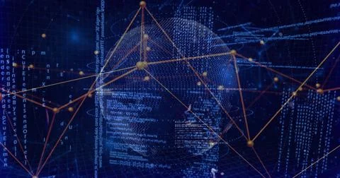 Depicting central code sphere weaving glowing orange network lines in data Stock Illustration