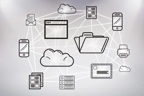 Depicting flat design central cloud network linking devices and data icons over Foto stock