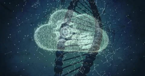Depicting glowing data cloud overlapping DNA helix in genomic cloud graphic, イラスト素材