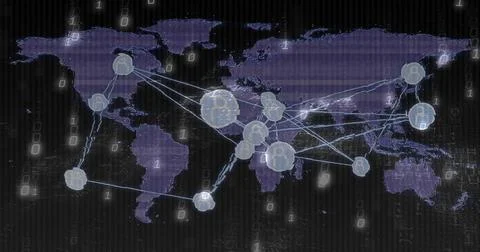 Depicting network graph connecting user icons with glowing lines on world map, Stock Photos