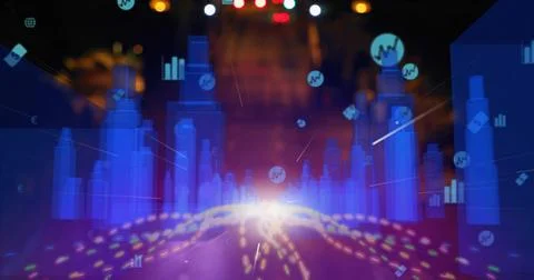 Depicting translucent blue data pillars rising in digital city, with light, 스톡 일러스트