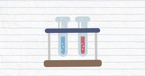Depicting two test tubes sitting in rack on ruled notebook paper, holding blue Stock Photos