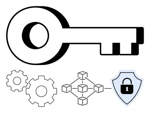 Depiction of cybersecurity elements key, gears, blockchain network, and pad.. Illustrazione stock