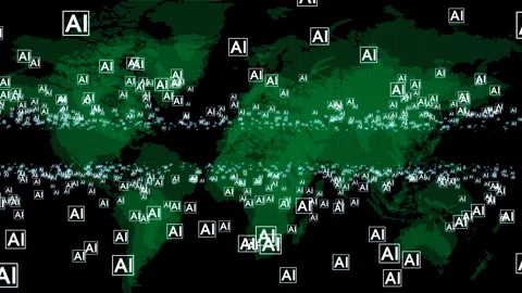 Depicts a digital map of the world overlaid with artificial intelligence sy.. Stock Footage 305878892