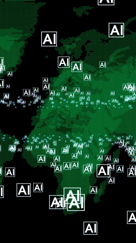 Depicts a digital map of the world overlaid with artificial intelligence sy.. Stock Footage 315414997