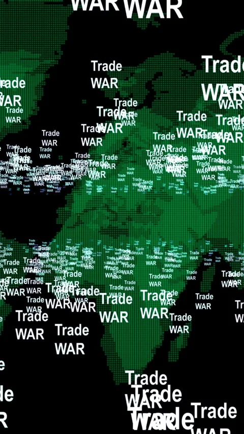 Depicts a digital map of the world overlaid with trade war text and data ve.. Stock Footage 319699215