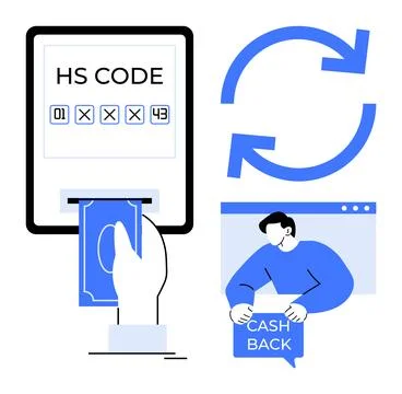 Depicts hand with banknote, HS code on screen, cash back concept, recurring a Illustrazione stock
