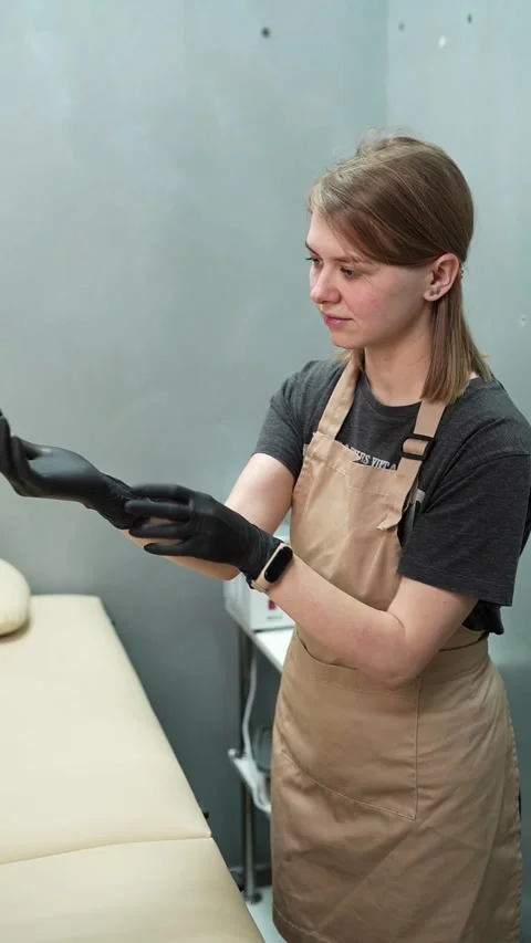 Depilation master puts on black protective gloves before the procedure Video stock 264857816