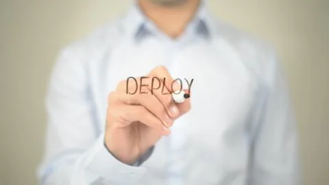 Deploy, Man writing on transparent screen Stockfoto's