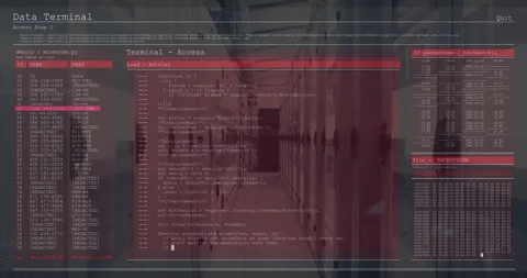 On deploy, Terminal fading in, populating user table and scrolling code showing Stock Footage 312897396