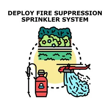 Deploying fire suppression sprinkler system and safety measures Stock Illustration