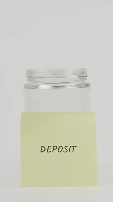 Deposit text or word on yellow sticky note attached to glass jar with hand Stock Footage 311713774