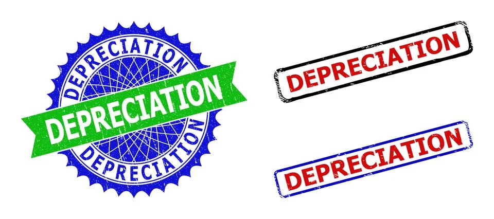 DEPRECIATION Rosette and Rectangle Bicolor Badges with Corroded Textures Illustrazione stock