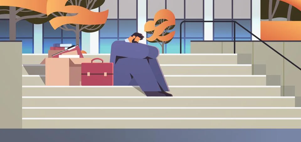 Depressed businessman in despair sitting on stairs dismissed business man with Stock Illustration