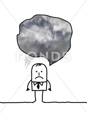 Depressed cartoon man thinking about cloudy weather Stock Illustration
