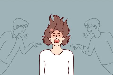 Depressed girl having panic attack and screaming after insulting two guys Stock Illustration
