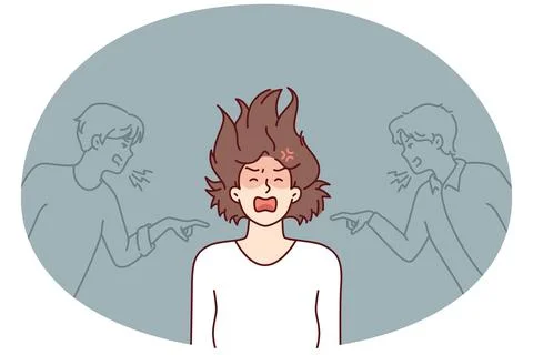 Depressed girl having panic attack and screaming after insulting two guys Stock Illustration
