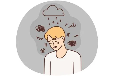 Depressed man crying due to bad weather and stress needs support psychotherapist Stock Illustration