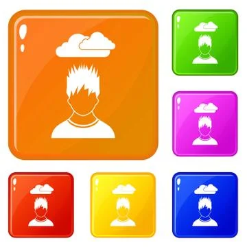 Depressed man with dark cloud over his head icons set color Illustrazione stock