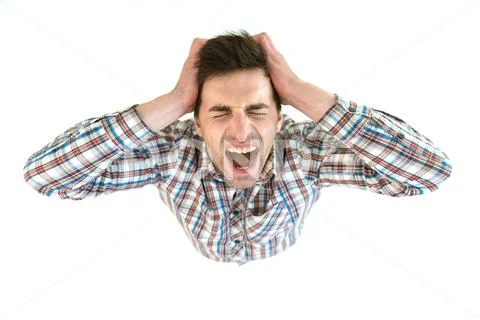 The depressed man shout on the white background. View from above Stock Photos