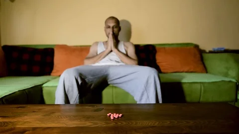 Depressed man suffering from suicidal depression want to commit suicide overdose 스톡 동영상 111644837