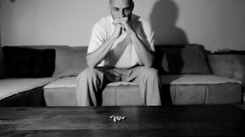 Depressed man suffering from suicidal depression want commit suicide by overdose 스톡 동영상 112013461