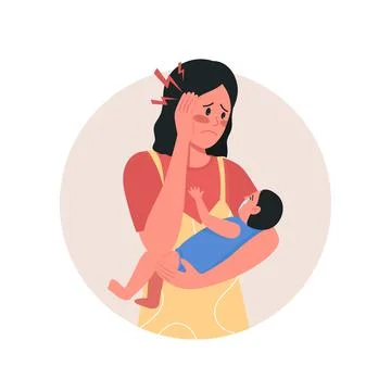 Depressed mother 2D vector web icon. banner, poster Stock Illustration