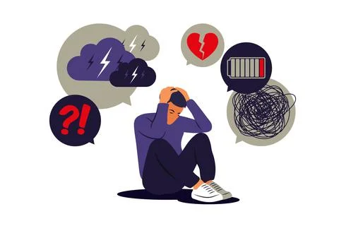 Depressed sad man thinking over problems. Bankruptcy, loss, crisis, burnout s Stock Illustration