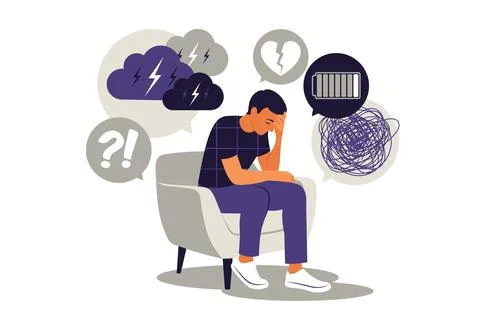 Depressed sad man thinking over problems. Bankruptcy, loss, crisis, burnout s Stock Illustration