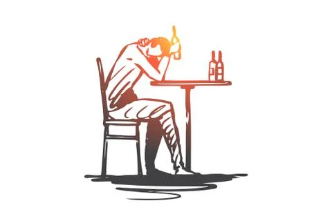 Depression, alcohol, problem, bottle, drink concept. Hand drawn isolated vect Stock Illustration