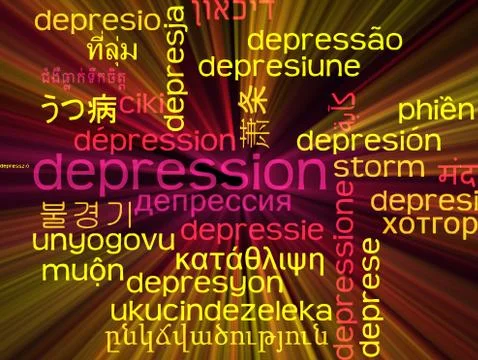 Depression multilanguage wordcloud background concept glowing Illustrazione stock