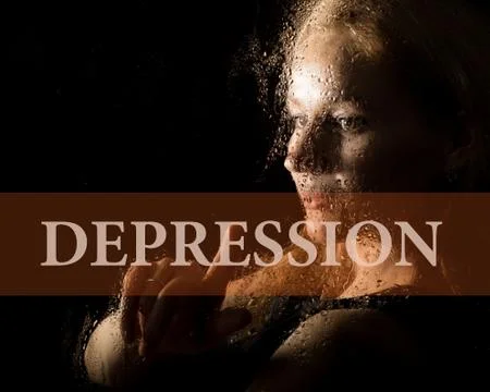 Depression written on virtual screen. hand of young woman melancholy and sad at Foto stock