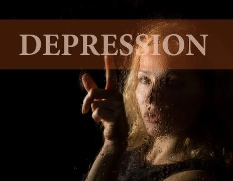 Depression written on virtual screen. hand of young woman melancholy and sad at Photos