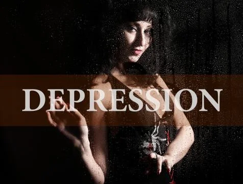 Depression written on virtual screen. hand of young woman melancholy and sad at Stock Photos
