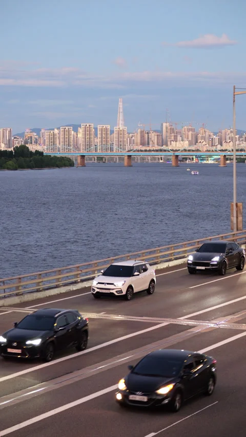 Depth perspective of Olympic-daero, Han river and residential Seoul Stock Footage 295082989