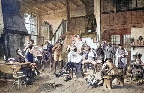 In der Barbierstube, Männer beim Friseur und beim Bartschneider, 1879, Deu.. Stock Photos