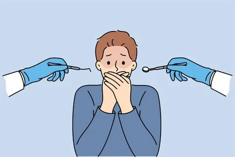 Der Mann, der an Dentophobie leidet, schließt den Mund und steht in der Nä. Stock Photos