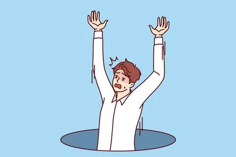 Der Mensch fällt in Loch oder Kanalluke und schreit in Angst, ruft Passant.. Stock Photos