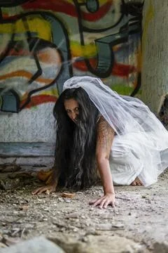Deranged bride in abandoned place Inspired by the traditional American legend Stock Photos