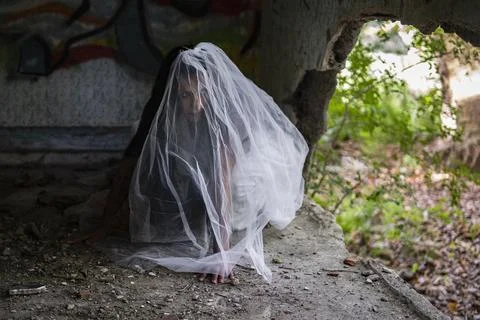 Deranged bride in abandoned place Inspired by the traditional American legend Stock Photos
