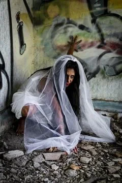 Deranged bride in abandoned place Inspired by the traditional American legend Stock Photos