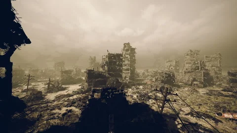 Derelict boulevard with collapsing buildings beneath heavy overcast Stock Footage 329761965