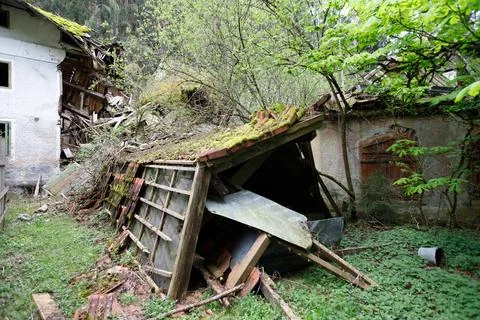 Derelict Building with Collapsed Structure and Overgrown Vegetation Stock Photos
