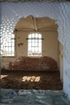 Derelict Building Interior With Broken Windows And Sunlight, Bulcote, Stock Photos