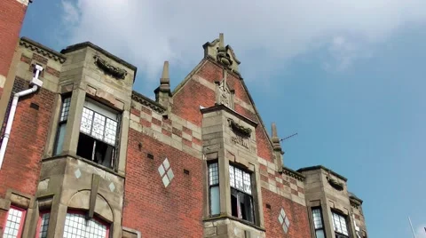 Derelict building red brick windows skyline Stock Footage 49008678