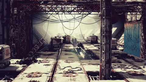 Derelict factory setting with scattered debris and dim lighting Stock Footage 327183404