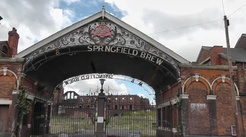 Derelict factory Springfield Brewary, Wolverhampton - entrance gate Stock Footage 45414796